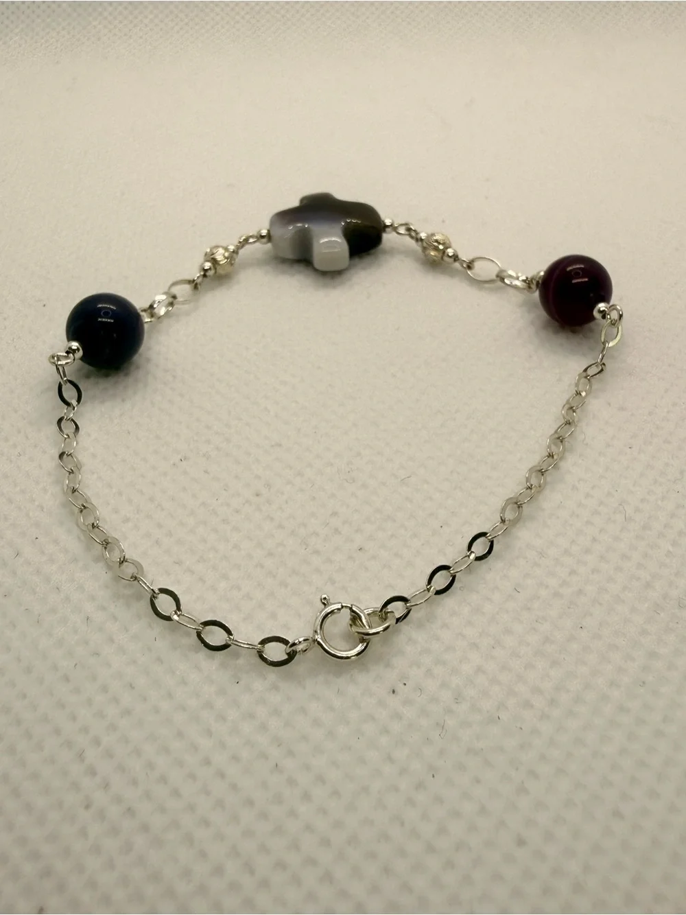 925 Sterling Silver Bracelet with Purple and Blue Beads and Cross Charm